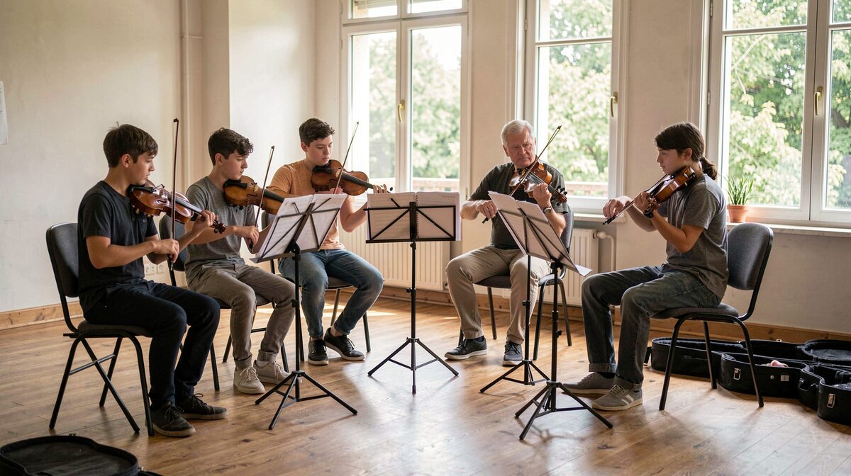 A rehearsal room at a summer music campus in late morning light, four teenage string players seated in a semicircle with music stands, an older coach listening from a chair by the window, cases open on the floor.