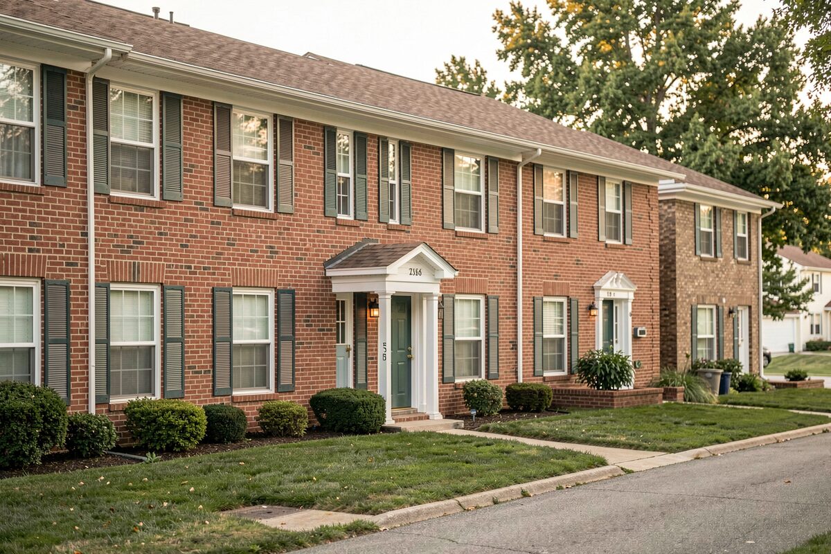 A two-story brick townhome community with uniform shutters and small front lawns in a North Fulton suburb.