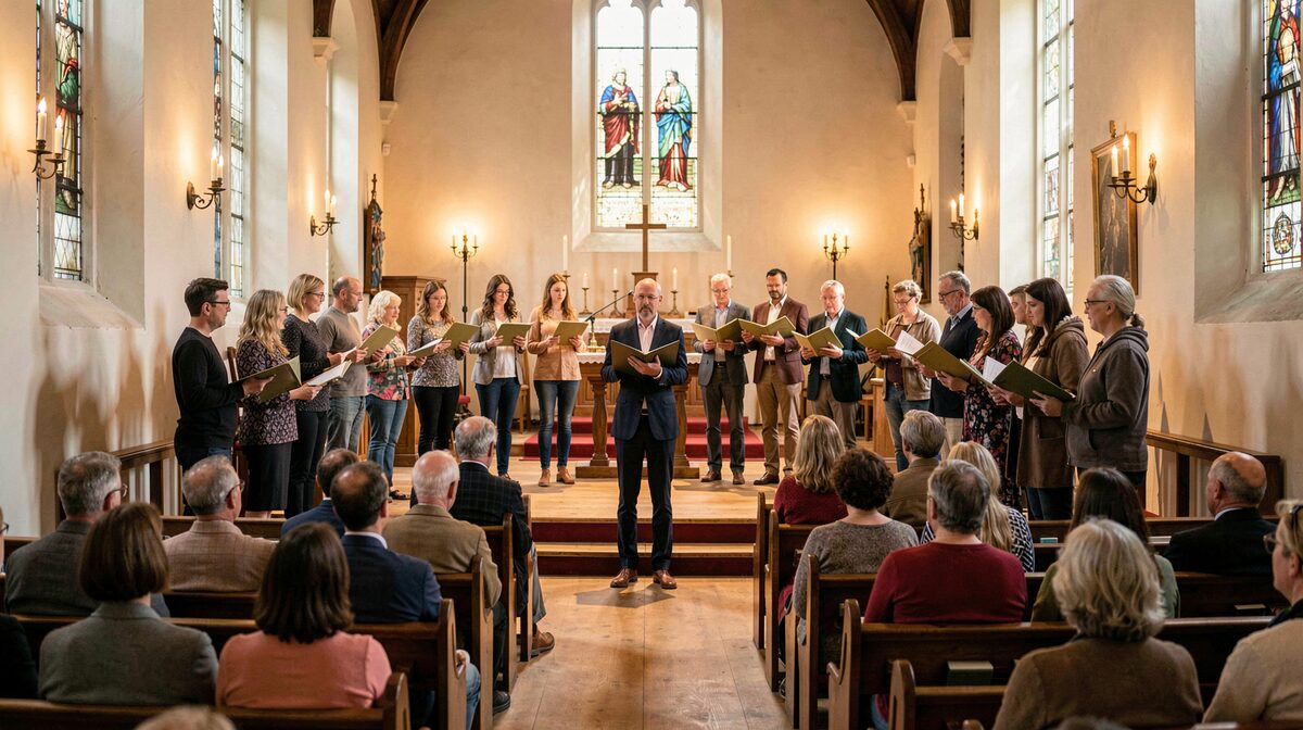An evening community choir rehearsal in a church hall, adults on risers holding folders, warm overhead lighting, wide shot from the back of the room
