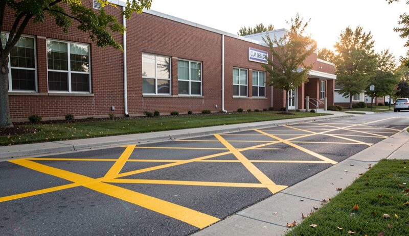 Fresh yellow crossing lines painted on a suburban sidewalk in front of a brick elementary school, morning light