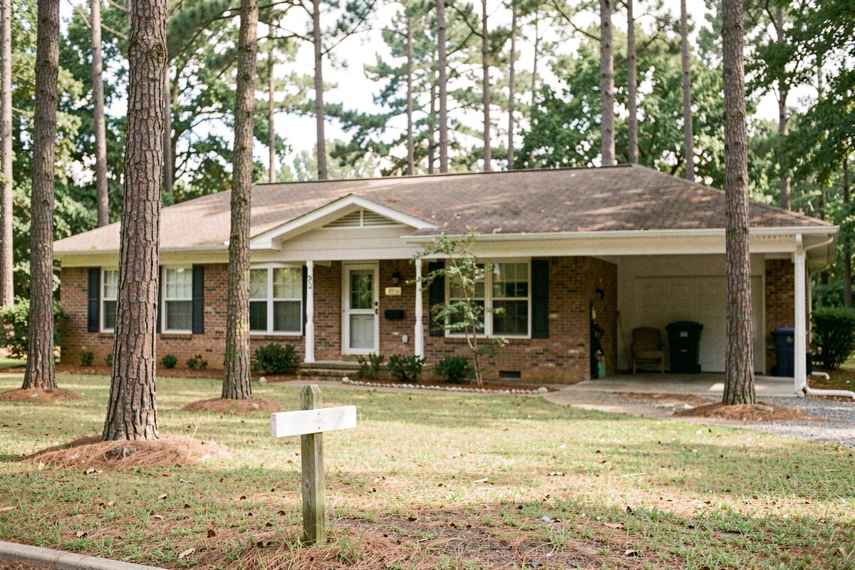 A single-story brick ranch with a carport and a for-sale sign in the front yard under tall Georgia pines.