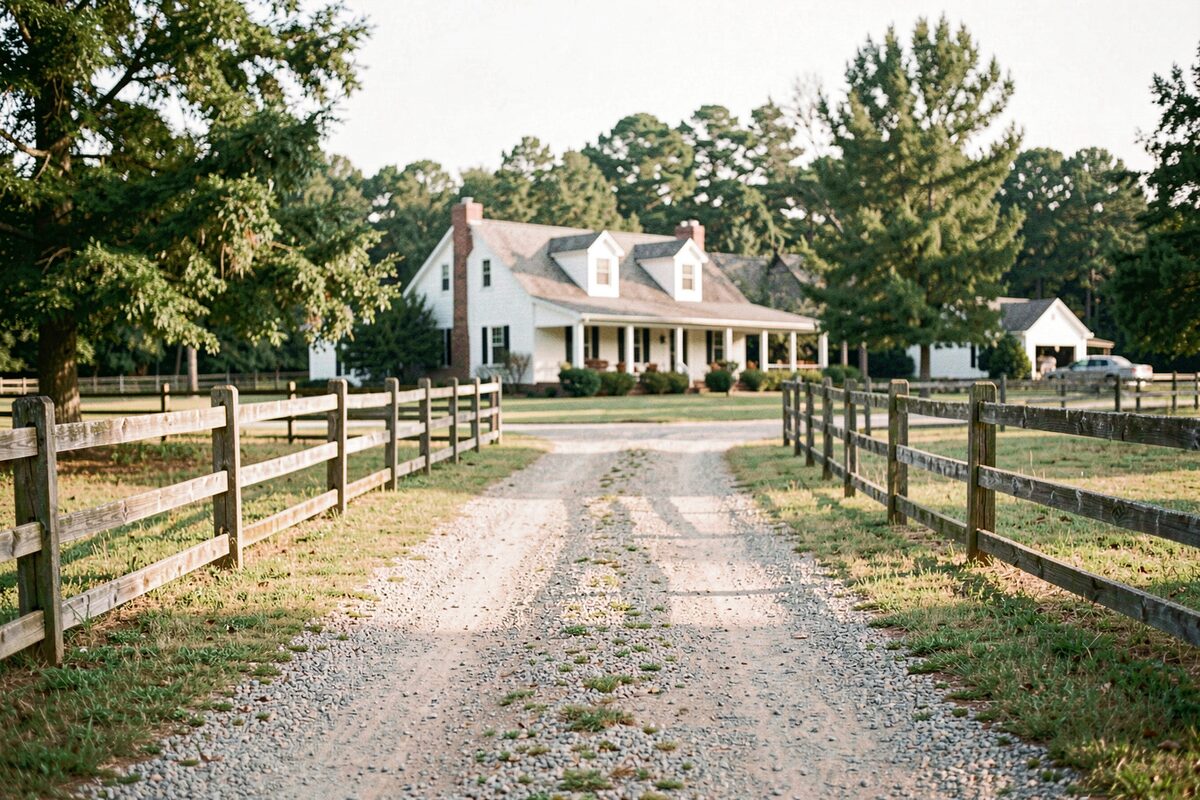 A gravel driveway leading to a farmhouse-style home behind a wooden fence and pasture rail in Milton, Georgia.