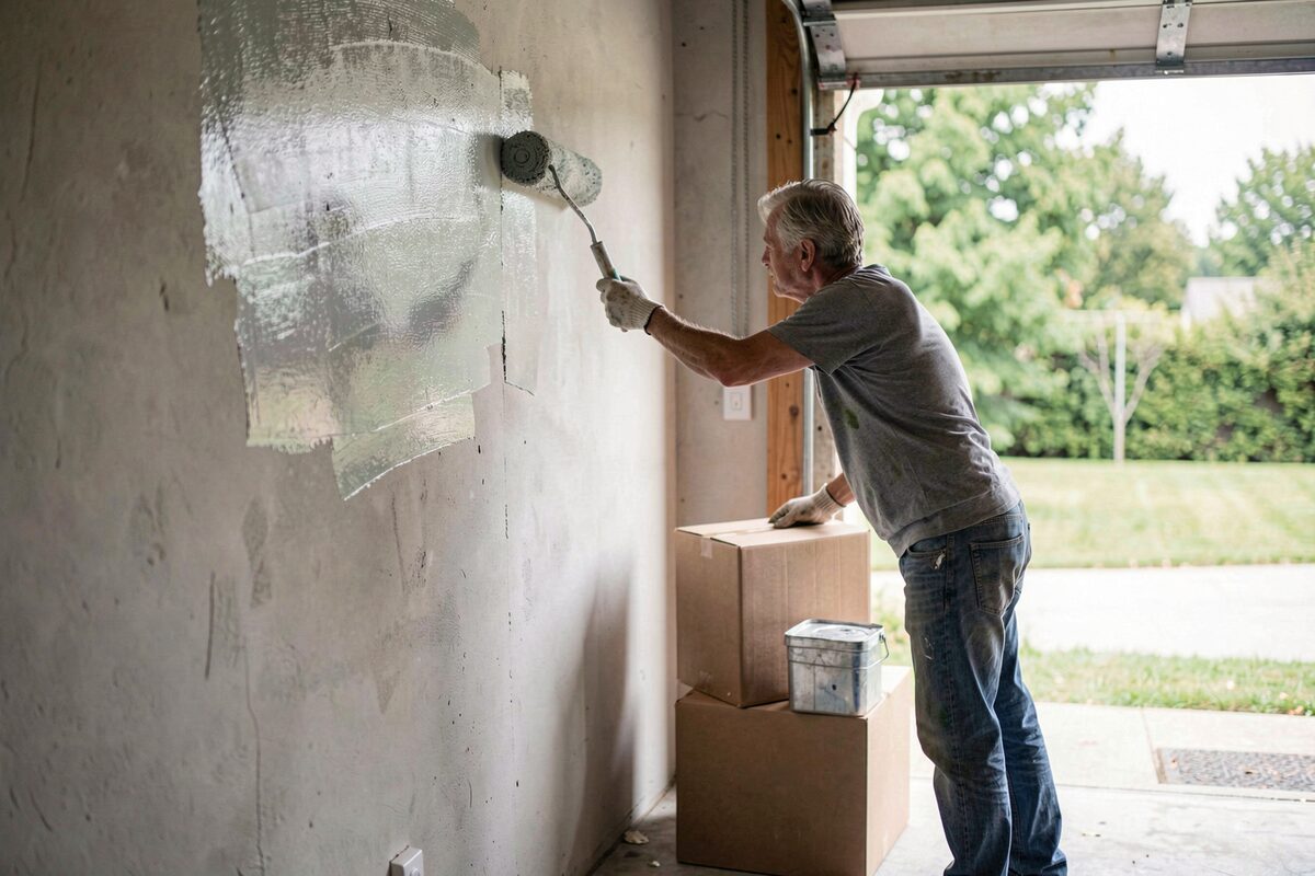 A homeowner rolling paint onto a garage wall while moving boxes are stacked nearby, natural light.